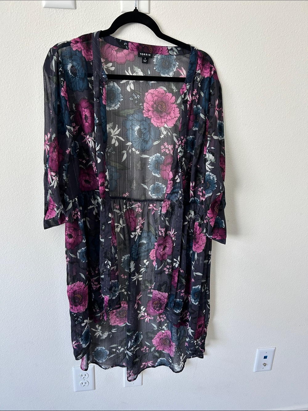 torrid Sheer Floral Kimono Robe - Black with Pink & Blue Blooms